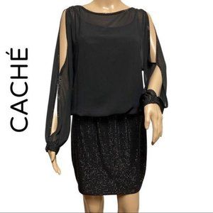 Caché Short Beaded Cocktail Dress Slit Sheer Sleeve Size‎ 4 Black